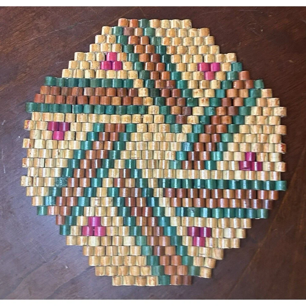 Vintage Folk Art Wood Retro Hot Pad TRIVET Wooden BEADED Beads‎